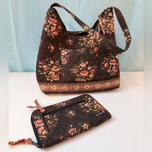 Vera Bradley Vintage Chocolat Floral Paisley Shoulder Bag and Matching Wallet